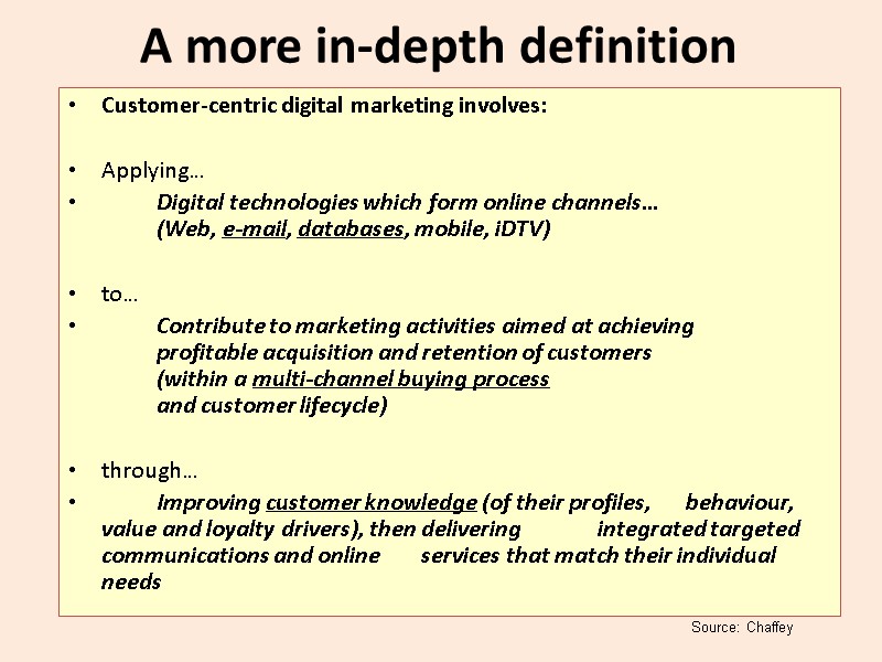 A more in-depth definition Customer-centric digital marketing involves:  Applying…  Digital technologies which